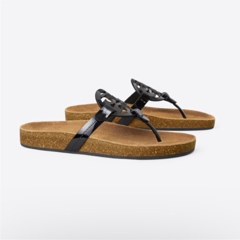 Tory Burch Miller Cloud Sandals Perfect Black Patent Leather/ Suede Cork